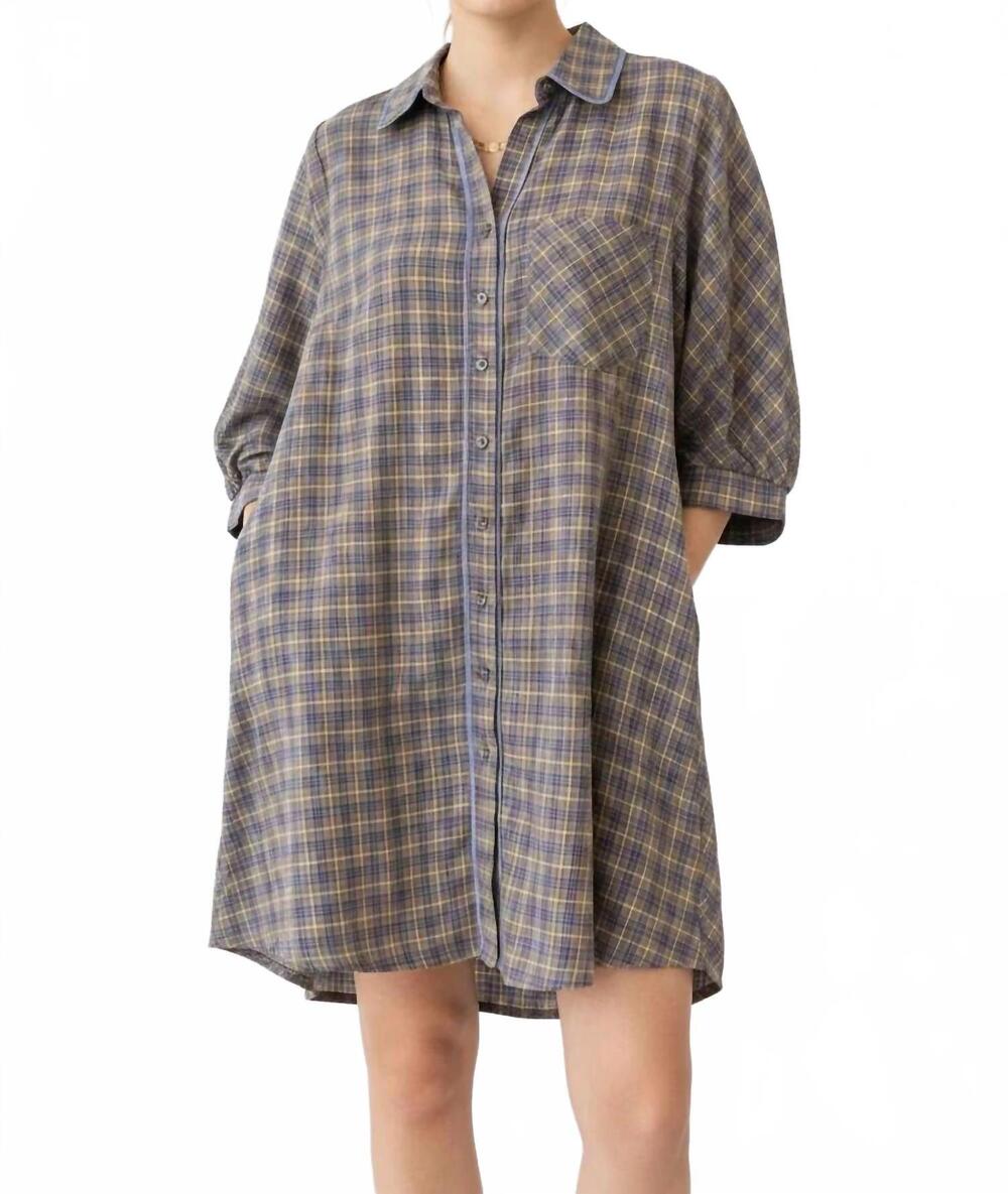 NEW UMGEE checkered button down puff sleeve tiered dress in grey